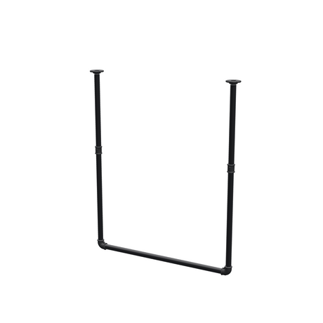 Wieszak na ubrania podwieszany do sufitu z rur stalowych malowanych na czarny mat Ø 27 mm — szerokość 76 cm, wysokość pod sufitem 93 cm, widok trzy czwarte na białym tle