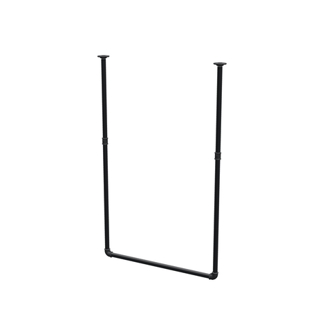 Wieszak na ubrania podwieszany do sufitu z rur stalowych malowanych na czarny mat Ø 27 mm — szerokość 76 cm, wysokość pod sufitem 123 cm, widok trzy czwarte na białym tle
