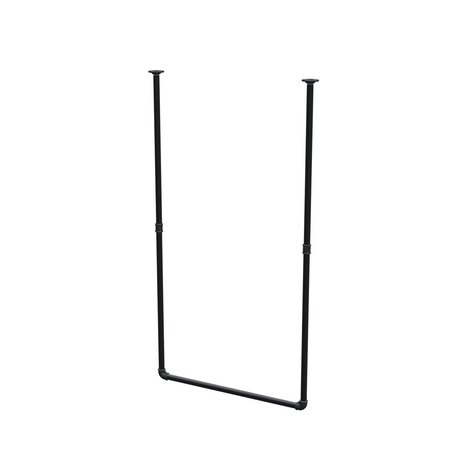 Wieszak na ubrania podwieszany do sufitu z rur stalowych malowanych na czarny mat Ø 27 mm — szerokość 76 cm, wysokość pod sufitem 143 cm, widok trzy czwarte na białym tle
