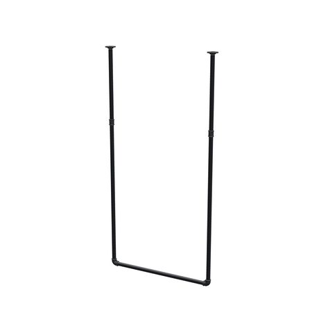 Wieszak na ubrania podwieszany do sufitu z rur stalowych malowanych na czarny mat Ø 27 mm — szerokość 76 cm, wysokość pod sufitem 153 cm, widok trzy czwarte na białym tle