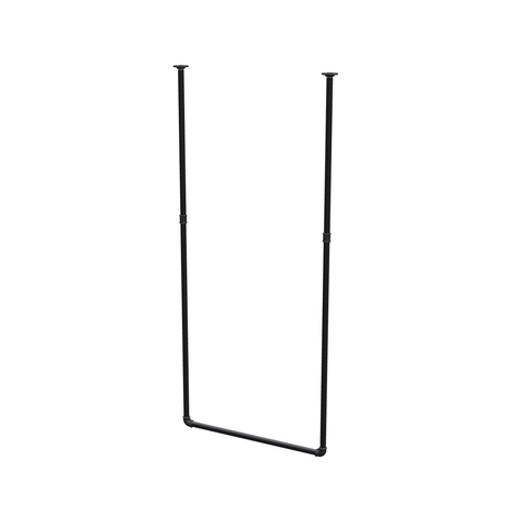 Wieszak na ubrania podwieszany do sufitu z rur stalowych malowanych na czarny mat Ø 27 mm — szerokość 76 cm, wysokość pod sufitem 173 cm, widok trzy czwarte na białym tle