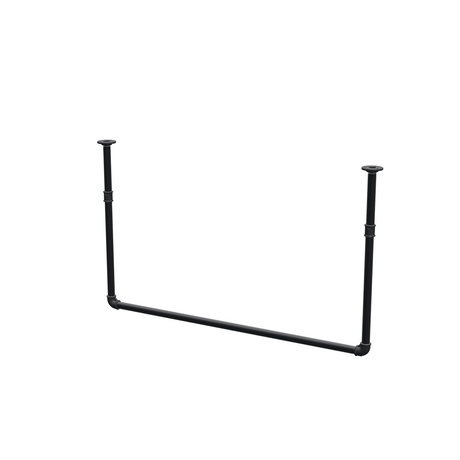 Wieszak na ubrania podwieszany do sufitu z rur stalowych malowanych na czarny mat Ø 27 mm — szerokość 106 cm, wysokość pod sufitem 63 cm, widok trzy czwarte na białym tle