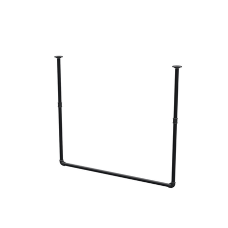 Wieszak na ubrania podwieszany do sufitu z rur stalowych malowanych na czarny mat Ø 27 mm — szerokość 106 cm, wysokość pod sufitem 93 cm, widok trzy czwarte na białym tle
