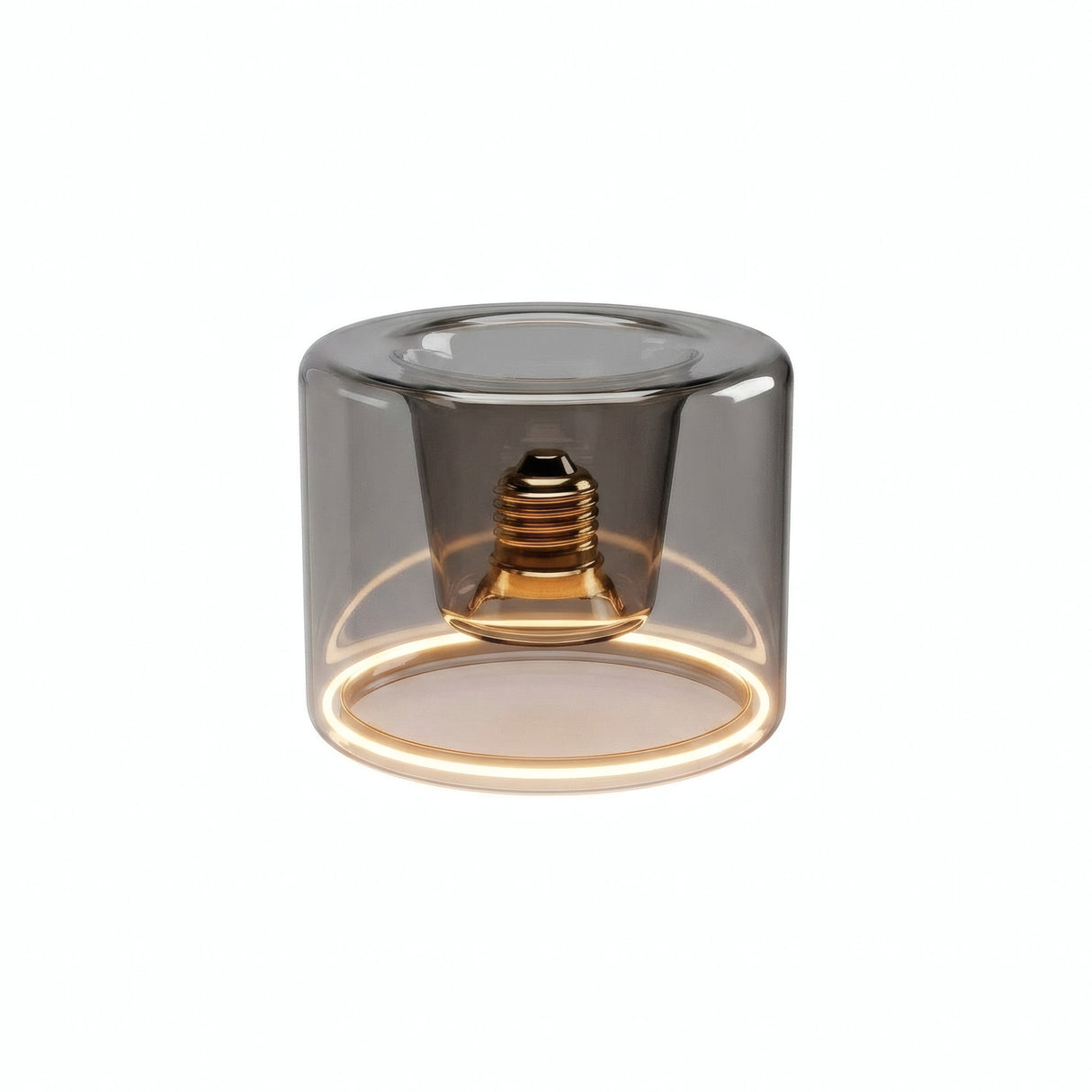 Żarówka LED donut E27 z przydymionego szkła, Ø 120 mm, włączona, ciepły pierścień światła, białe tło