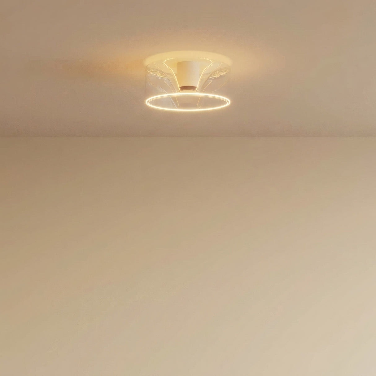 Żarówka LED donut E27 z przezroczystego szkła, Ø 195 mm, włączona pod sufitem oszczędnego wnętrza
