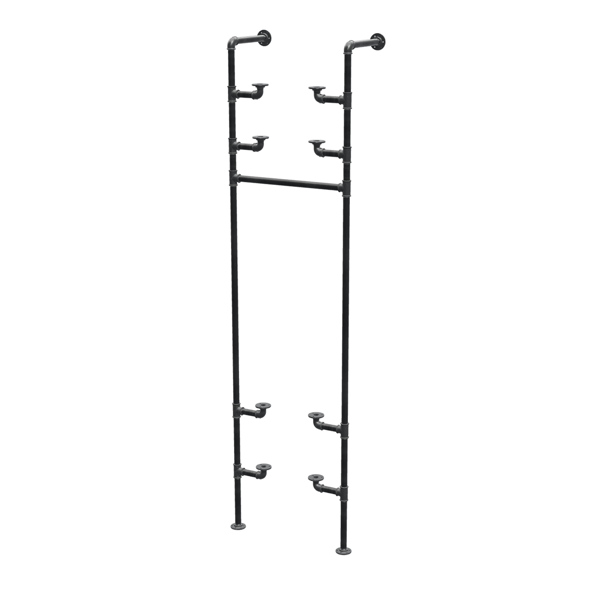 Étagère-penderie murale en tuyaux de plomberie noirs Ø 27 mm — largeur 50 cm, 4 tablettes, vue de trois quarts sur fond blanc