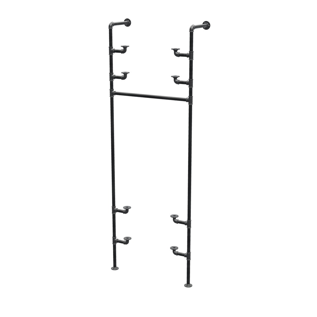 Étagère-penderie murale en tuyaux de plomberie noirs Ø 27 mm — largeur 70 cm, 4 tablettes, vue de trois quarts sur fond blanc