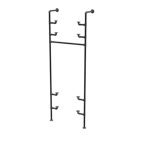 Étagère-penderie murale en tuyaux de plomberie noirs Ø 27 mm — largeur 70 cm, 4 tablettes, vue de trois quarts sur fond blanc