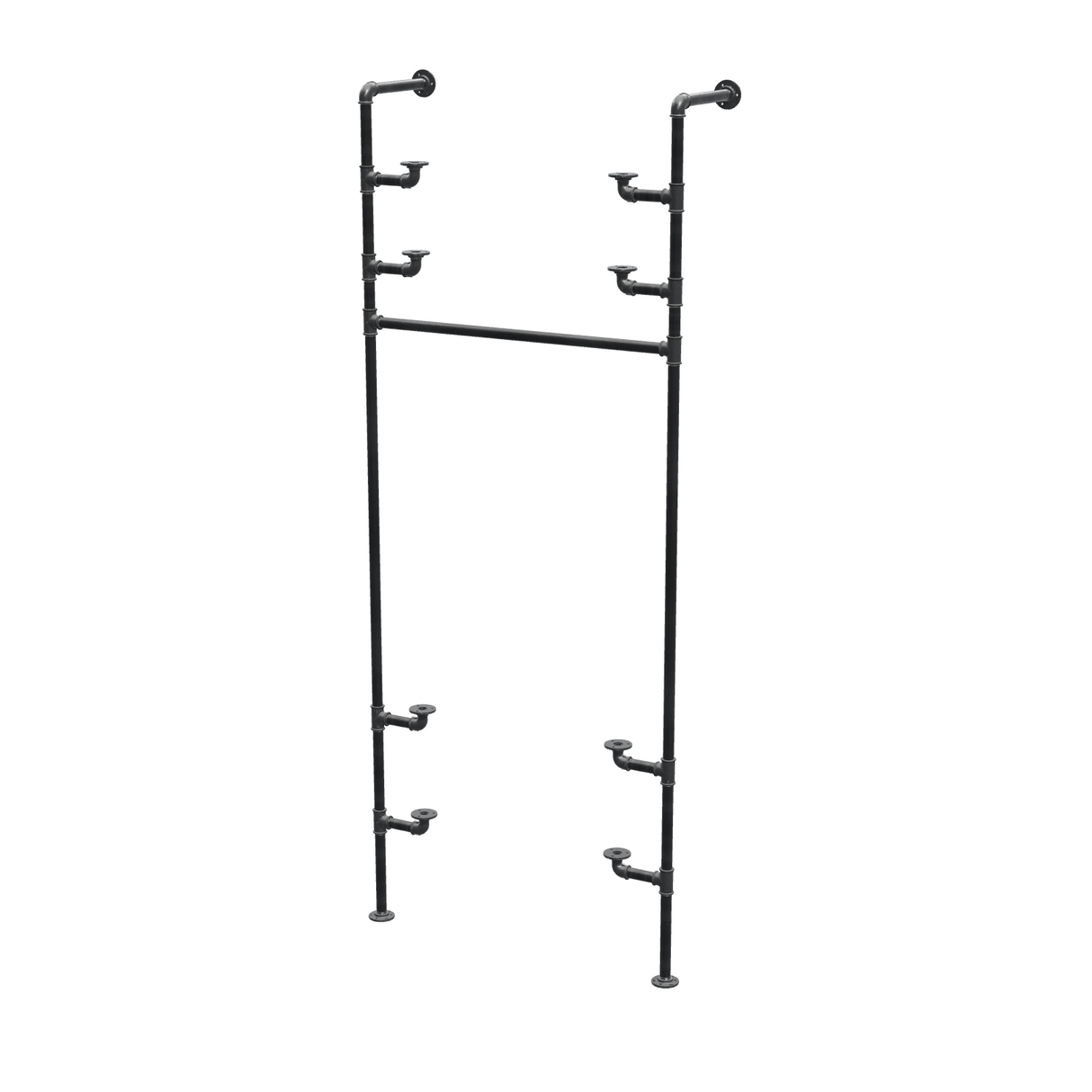 Étagère-penderie murale en tuyaux de plomberie noirs Ø 27 mm — largeur 80 cm, 4 tablettes, vue de trois quarts sur fond blanc