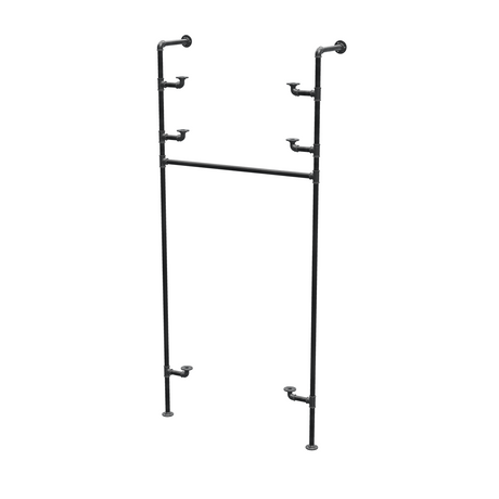Étagère-penderie murale en tuyaux de plomberie noirs Ø 27 mm — largeur 90 cm, 3 tablettes, vue de trois quarts sur fond blanc