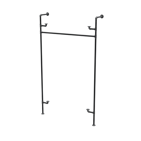 Étagère-penderie murale en tuyaux de plomberie noirs Ø 27 mm — largeur 120 cm, 2 tablettes, vue de trois quarts sur fond blanc