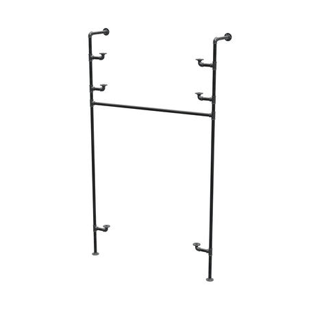 Étagère-penderie murale en tuyaux de plomberie noirs Ø 27 mm — largeur 120 cm, 3 tablettes, vue de trois quarts sur fond blanc