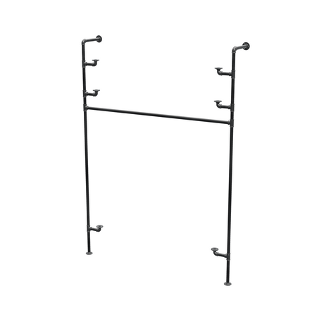 Étagère-penderie murale en tuyaux de plomberie noirs Ø 27 mm — largeur 150 cm, 3 tablettes, vue de trois quarts sur fond blanc