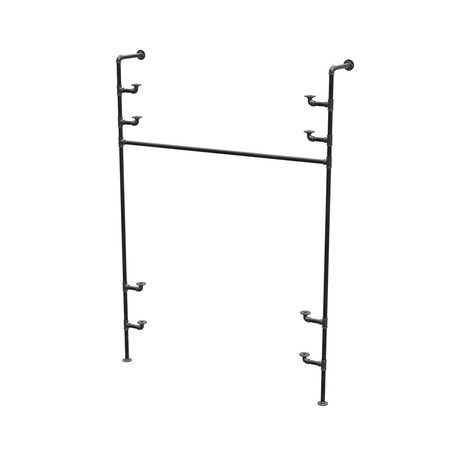 Étagère-penderie murale en tuyaux de plomberie noirs Ø 27 mm — largeur 150 cm, 4 tablettes, vue de trois quarts sur fond blanc