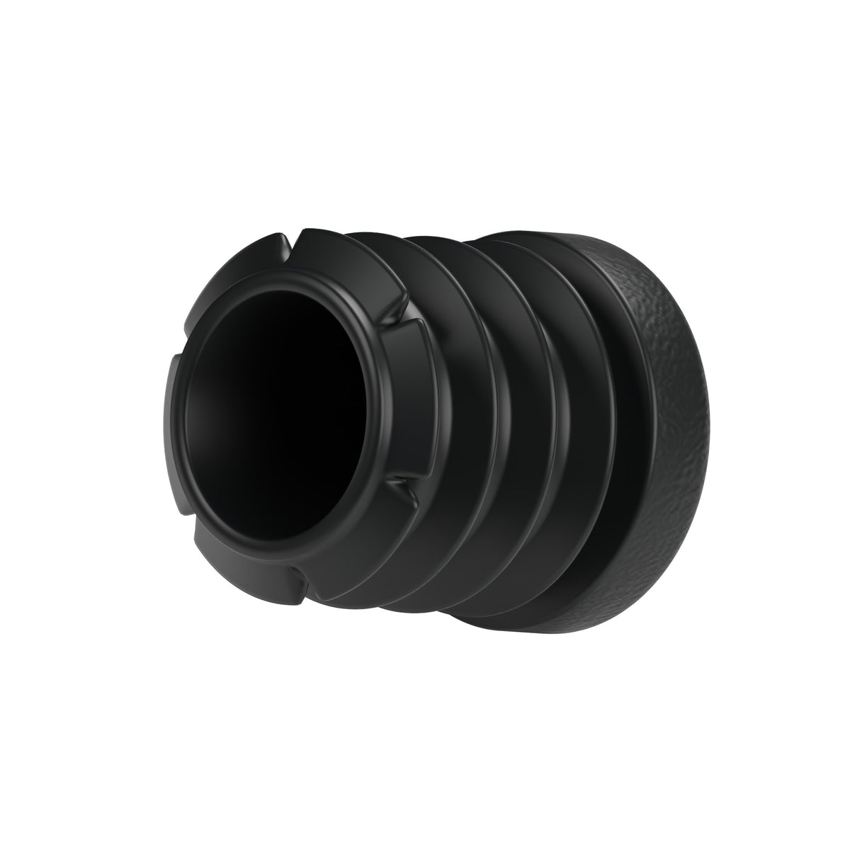 Czarna zaślepka lamelowa do złączki GW 1/2″ 15x21, widok od spodu: pusty korpus i lamele