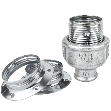 Zestaw oprawki E27 z błyszczącego metalu w kolorze srebrnym na złączce z żeliwa ocynkowanego 1/2'' (15x21mm) z gwintem wewnętrznym