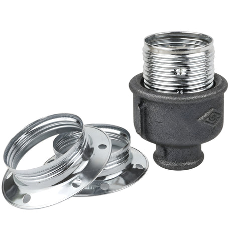 Zestaw oprawki E27 z błyszczącego metalu w kolorze srebrnym na złączce z czarnego żeliwa ekonomicznego 1/2'' (15x21mm) z gwintem wewnętrznym