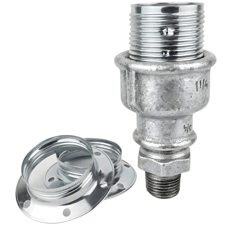 Zestaw oprawki E27 z błyszczącego metalu w kolorze srebrnym na złączce z żeliwa ocynkowanego 1/2'' (15x21mm) z gwintem zewnętrznym