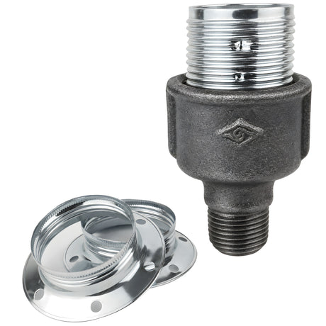 Zestaw oprawki E27 z błyszczącego metalu w kolorze srebrnym na złączce z czarnego żeliwa ekonomicznego 1/2'' (15x21mm) z gwintem zewnętrznym
