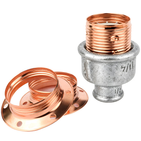 Zestaw oprawki E27 z błyszczącego metalu w kolorze miedzi na złączce z żeliwa ocynkowanego 1/2'' (15x21mm) z gwintem wewnętrznym
