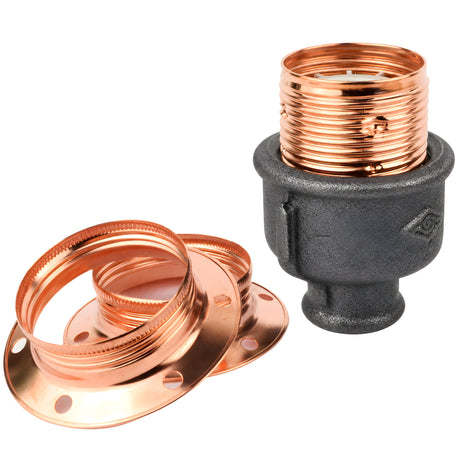 Zestaw oprawki E27 z błyszczącego metalu w kolorze miedzi na złączce z czarnego żeliwa ekonomicznego 1/2'' (15x21mm) z gwintem wewnętrznym