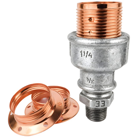 Zestaw oprawki E27 z błyszczącego metalu w kolorze miedzi na złączce z żeliwa ocynkowanego 1/2'' (15x21mm) z gwintem zewnętrznym