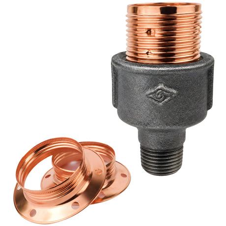 Zestaw oprawki E27 z błyszczącego metalu w kolorze miedzi na złączce z czarnego żeliwa ekonomicznego 1/2'' (15x21mm) z gwintem zewnętrznym