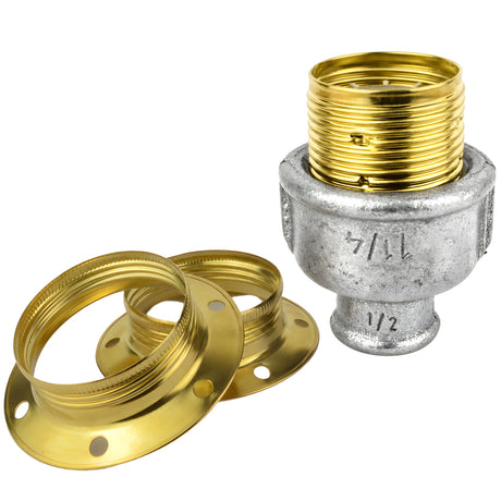 Zestaw oprawki E27 z błyszczącego metalu w kolorze mosiądzu na złączce z żeliwa ocynkowanego 1/2'' (15x21mm) z gwintem wewnętrznym