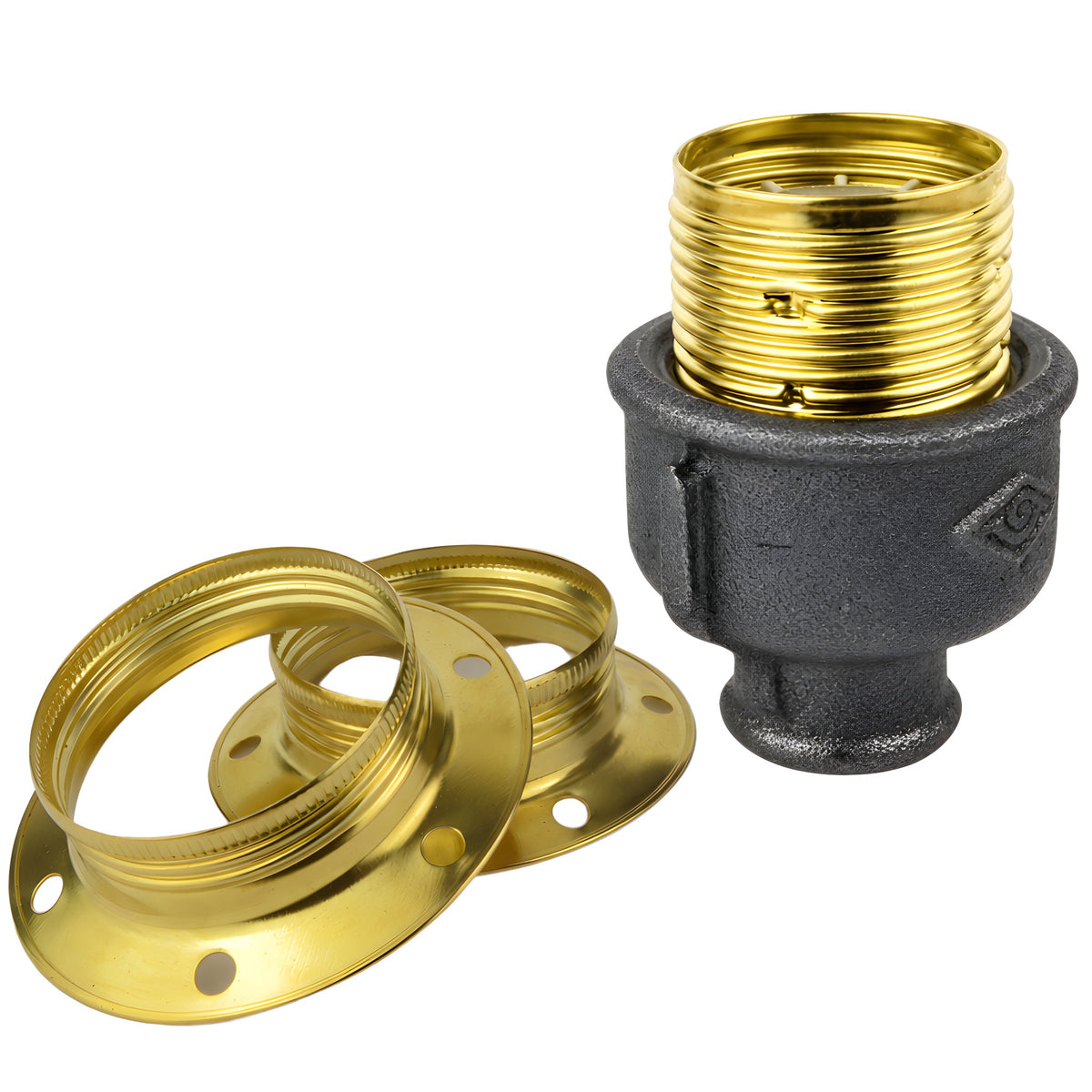 Zestaw oprawki E27 z błyszczącego metalu w kolorze mosiądzu na złączce z czarnego żeliwa ekonomicznego 1/2'' (15x21mm) z gwintem wewnętrznym