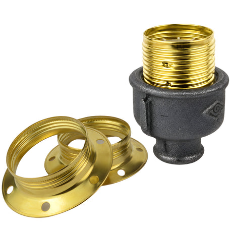 Zestaw oprawki E27 z błyszczącego metalu w kolorze mosiądzu na złączce z czarnego żeliwa ekonomicznego 1/2'' (15x21mm) z gwintem wewnętrznym