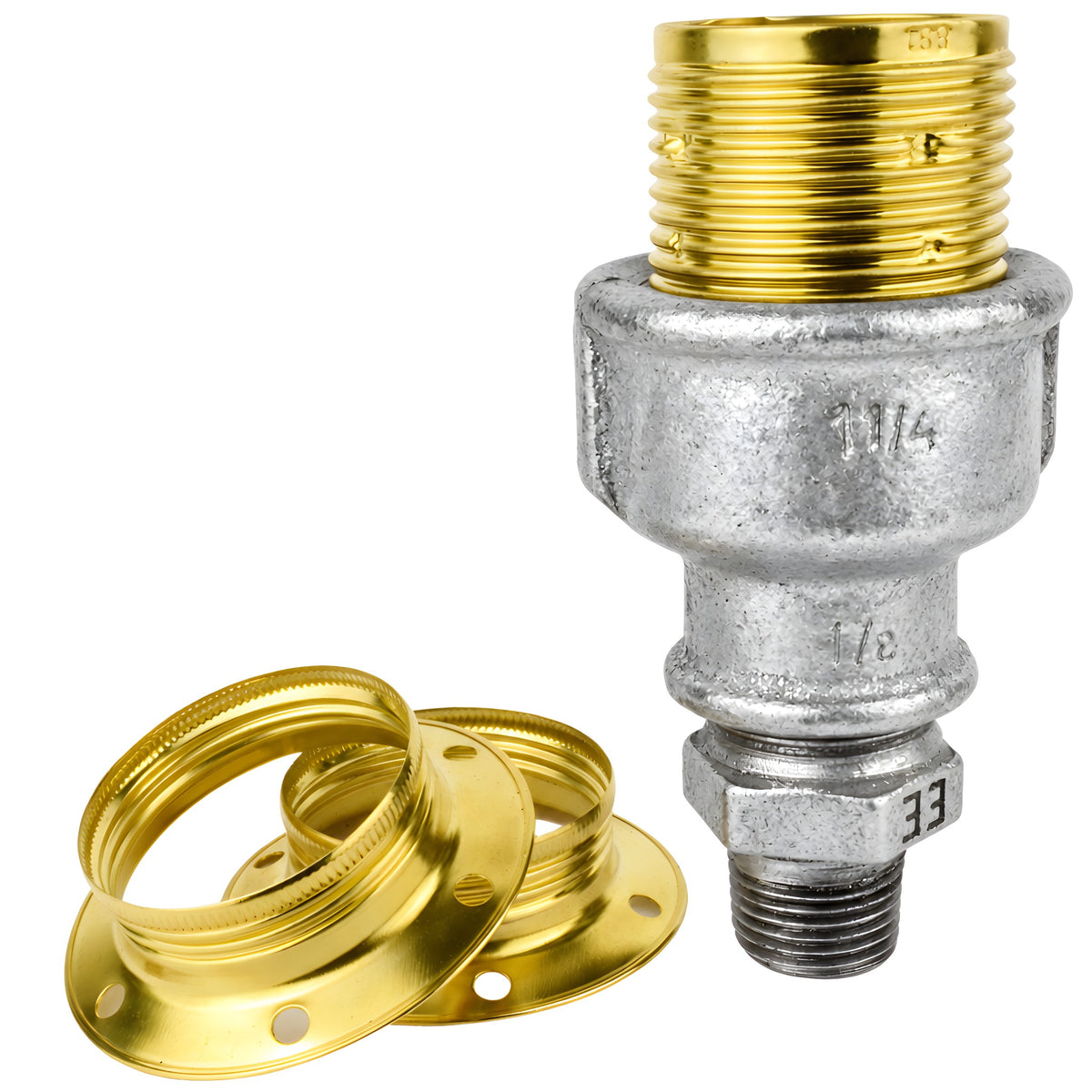 Zestaw oprawki E27 z błyszczącego metalu w kolorze mosiądzu na złączce z żeliwa ocynkowanego 1/2'' (15x21mm) z gwintem zewnętrznym