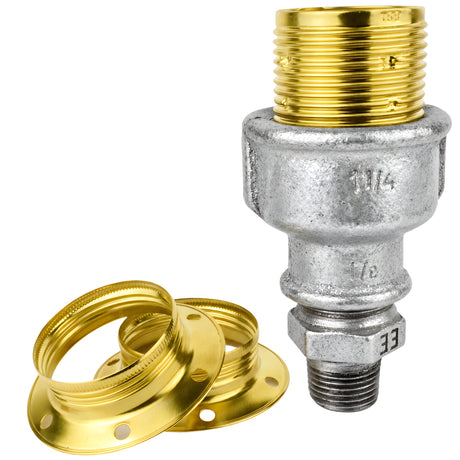 Zestaw oprawki E27 z błyszczącego metalu w kolorze mosiądzu na złączce z żeliwa ocynkowanego 1/2'' (15x21mm) z gwintem zewnętrznym