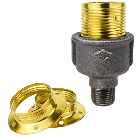 Zestaw oprawki E27 z błyszczącego metalu w kolorze mosiądzu na złączce z czarnego żeliwa ekonomicznego 1/2'' (15x21mm) z gwintem zewnętrznym