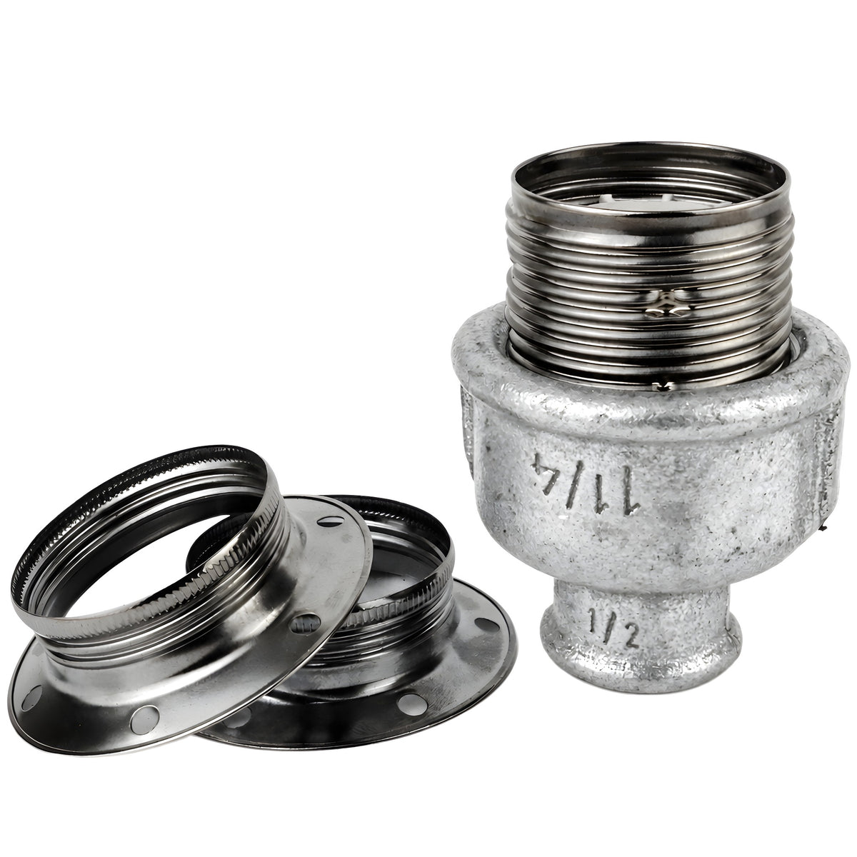 Zestaw oprawki E27 z błyszczącego metalu w kolorze czarnym na złączce z żeliwa ocynkowanego 1/2'' (15x21mm) z gwintem wewnętrznym