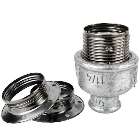 Zestaw oprawki E27 z błyszczącego metalu w kolorze czarnym na złączce z żeliwa ocynkowanego 1/2'' (15x21mm) z gwintem wewnętrznym