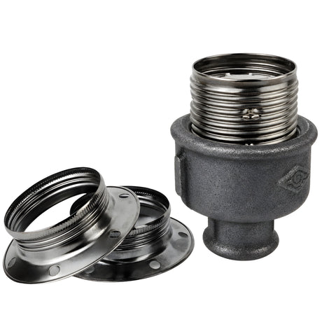 Zestaw oprawki E27 z błyszczącego metalu w kolorze czarnym na złączce z czarnego żeliwa ekonomicznego 1/2'' (15x21mm) z gwintem wewnętrznym