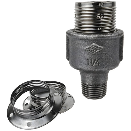 Zestaw oprawki E27 z błyszczącego metalu w kolorze czarnym na złączce z czarnego żeliwa ekonomicznego 1/2'' (15x21mm) z gwintem zewnętrznym