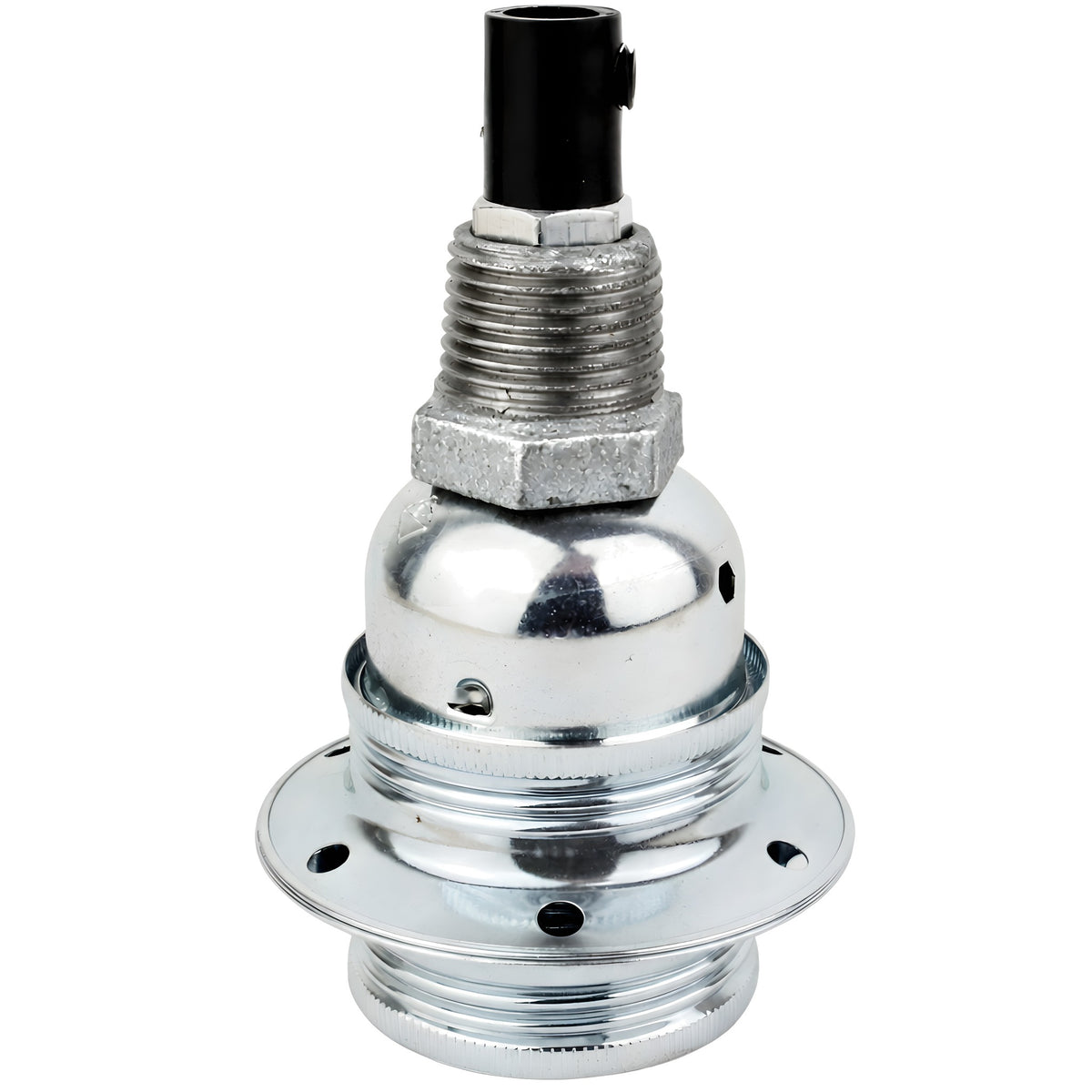 Zestaw oprawki E27 z błyszczącego metalu w kolorze srebrnym na złączce z żeliwa ocynkowanego 1/2'' (15x21mm) z gwintem zewnętrznym