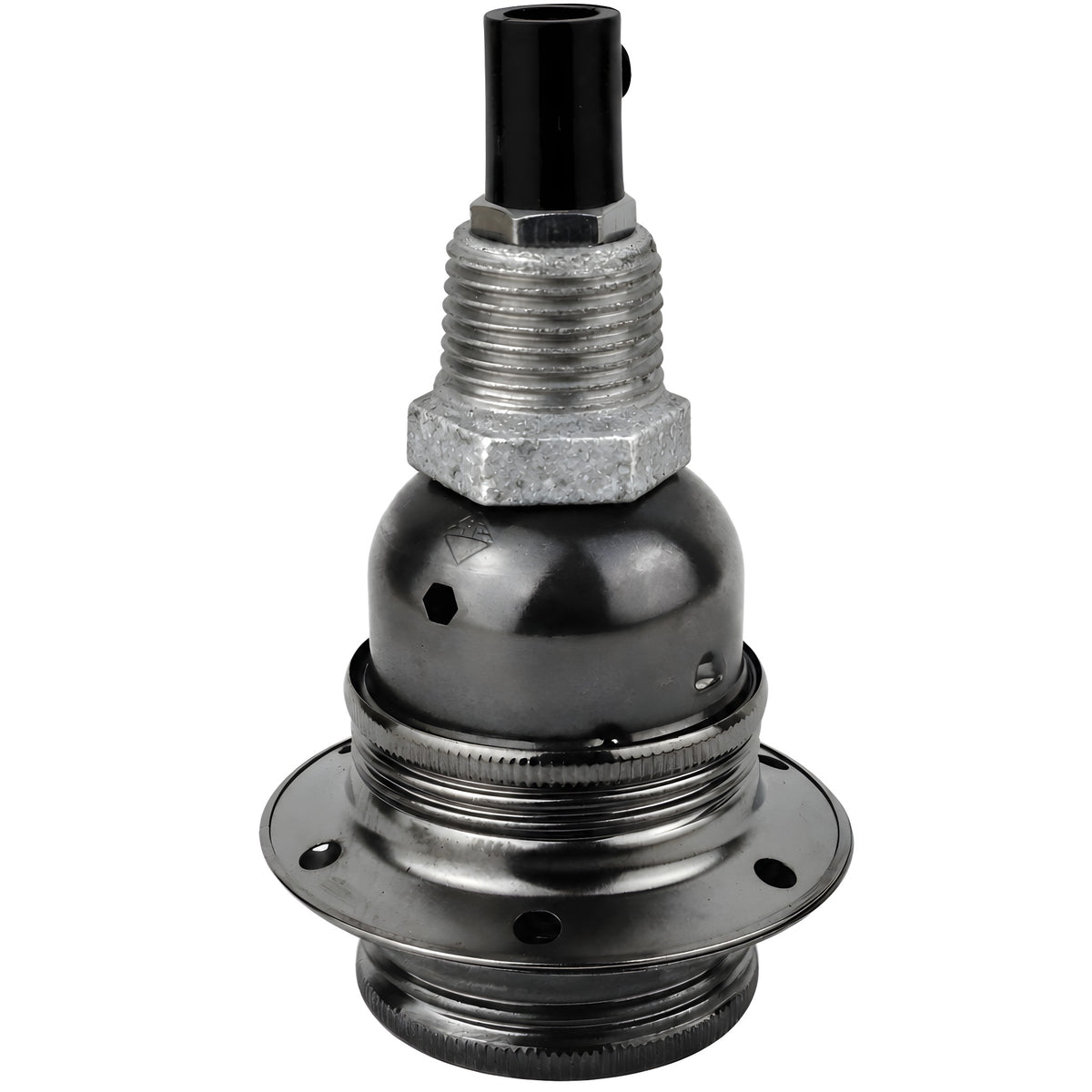 Zestaw oprawki E27 z błyszczącego metalu w kolorze czarnym na złączce z żeliwa ocynkowanego 1/2'' (15x21mm) z gwintem zewnętrznym