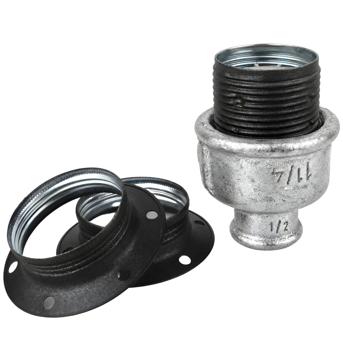 Zestaw oprawki E27 z matowego metalu w kolorze szarym na złączce z żeliwa ocynkowanego 1/2'' (15x21mm) z gwintem wewnętrznym