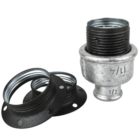 Zestaw oprawki E27 z matowego metalu w kolorze szarym na złączce z żeliwa ocynkowanego 1/2'' (15x21mm) z gwintem wewnętrznym