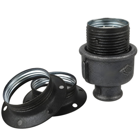 Zestaw oprawki E27 z matowego metalu w kolorze szarym na złączce z czarnego żeliwa ekonomicznego 1/2'' (15x21mm) z gwintem wewnętrznym