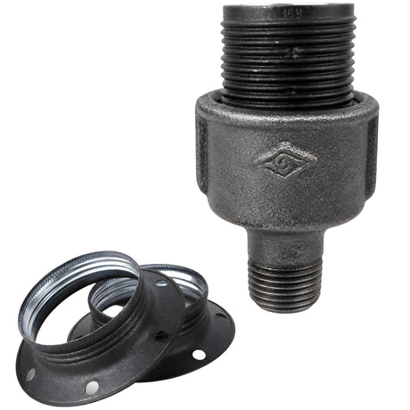 Zestaw oprawki E27 z matowego metalu w kolorze szarym na złączce z czarnego żeliwa ekonomicznego 1/2'' (15x21mm) z gwintem zewnętrznym