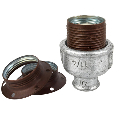 Zestaw oprawki E27 z matowego metalu w kolorze rdzawym na złączce z żeliwa ocynkowanego 1/2'' (15x21mm) z gwintem wewnętrznym