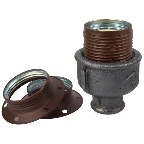 Zestaw oprawki E27 z matowego metalu w kolorze rdzawym na złączce z czarnego żeliwa ekonomicznego 1/2'' (15x21mm) z gwintem wewnętrznym