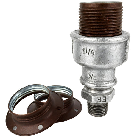 Zestaw oprawki E27 z matowego metalu w kolorze rdzawym na złączce z żeliwa ocynkowanego 1/2'' (15x21mm) z gwintem zewnętrznym