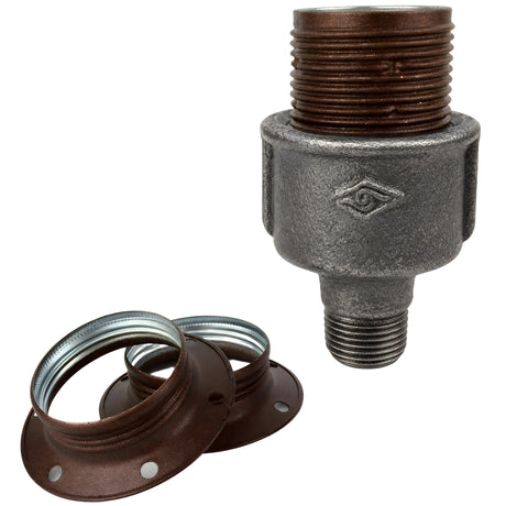 Zestaw oprawki E27 z matowego metalu w kolorze rdzawym na złączce z czarnego żeliwa ekonomicznego 1/2'' (15x21mm) z gwintem zewnętrznym