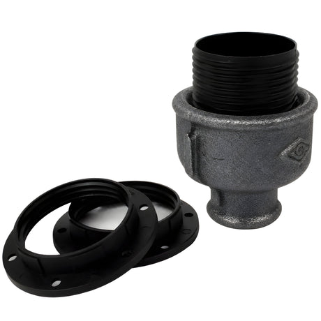 Zestaw oprawki E27 termoplastycznej na złączce z czarnego żeliwa ekonomicznego 1/2'' (15x21mm) z gwintem wewnętrznym