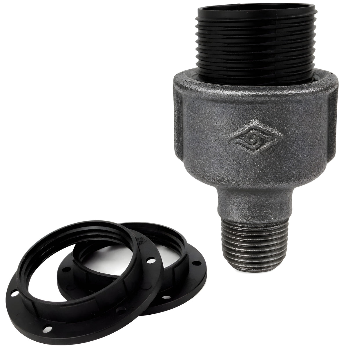 Zestaw oprawki E27 termoplastycznej na złączce z czarnego żeliwa ekonomicznego 1/2'' (15x21mm) z gwintem zewnętrznym