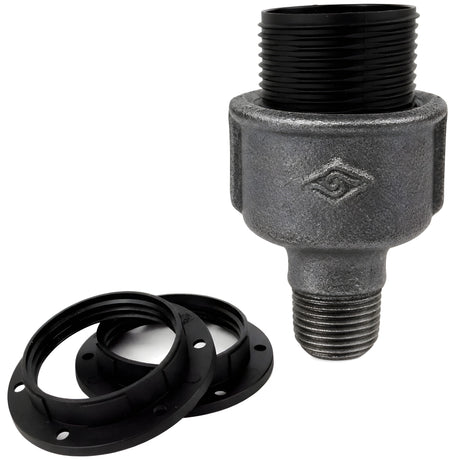Zestaw oprawki E27 termoplastycznej na złączce z czarnego żeliwa ekonomicznego 1/2'' (15x21mm) z gwintem zewnętrznym